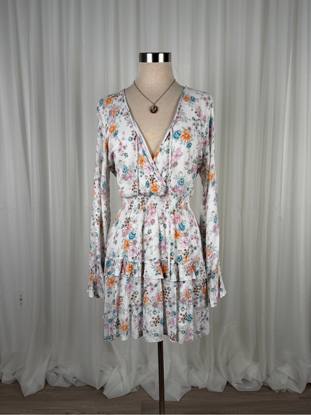Altar'd State Floral Smocked Waist Mini Dress Womens White Small